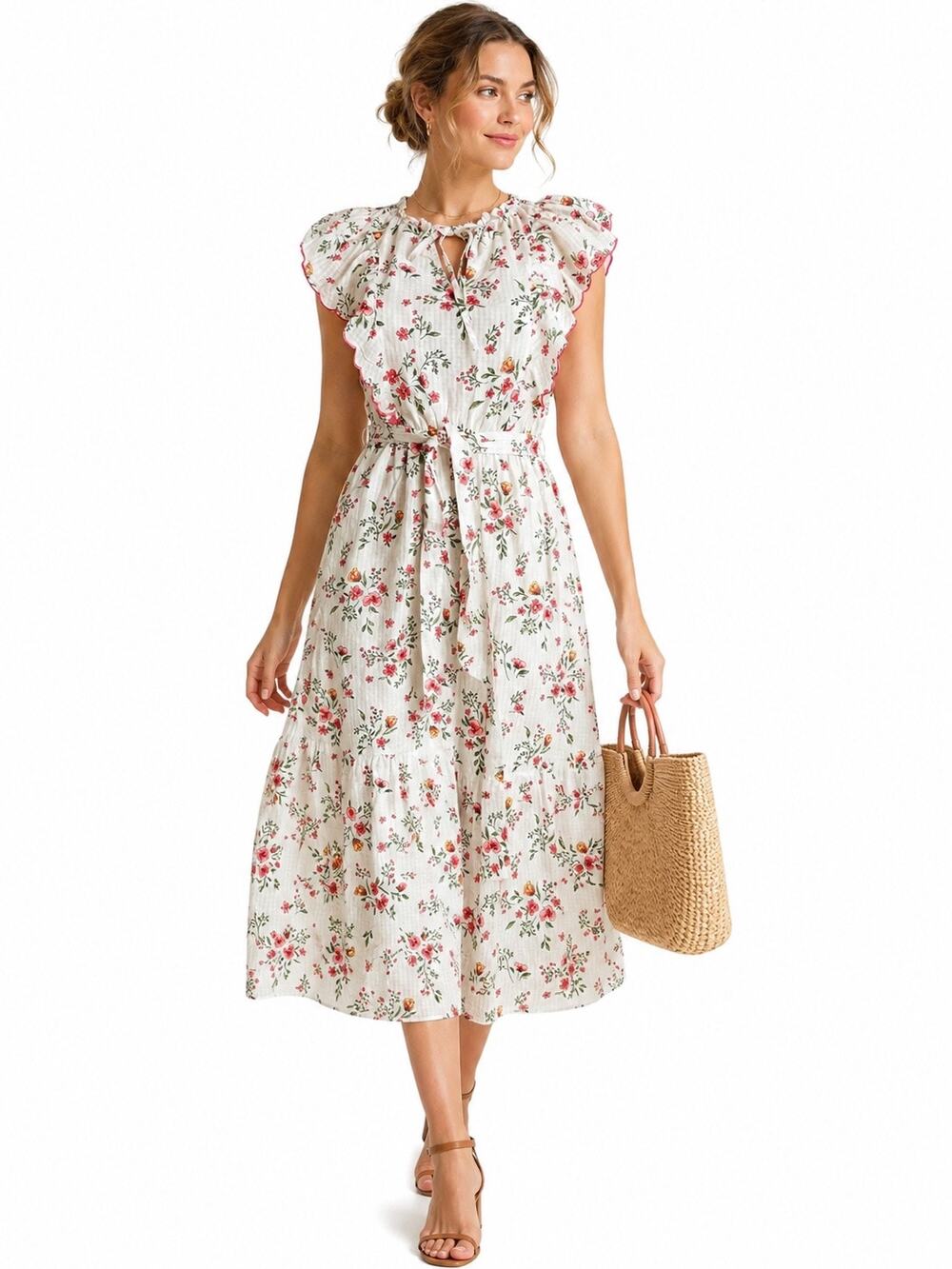Lauren Conrad Scalloped Ruffle Sleeve Midi Dress XS Prairie Floral Cottage Core